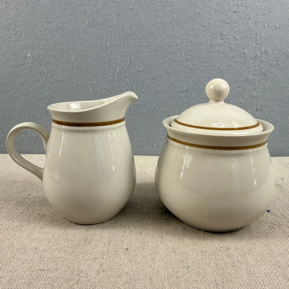 Vintage Kingsbury Stoneware Cream and Sugar Set Japan‎ Speckled Brown Band